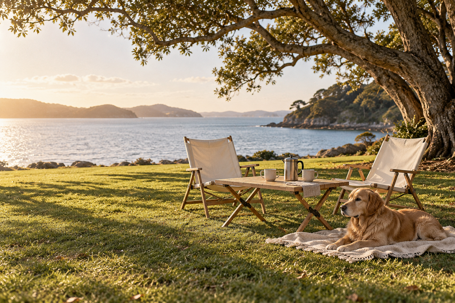 Relaxed park picnic with wooden furniture and a golden retriever