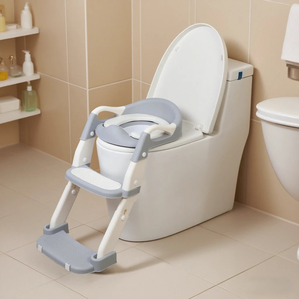 Grey and white toddler toilet training seat with steps on a bathroom toilet