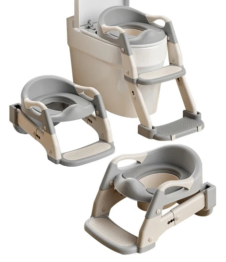 Potty training seat with step ladder shown on a toilet and folded, grey and white