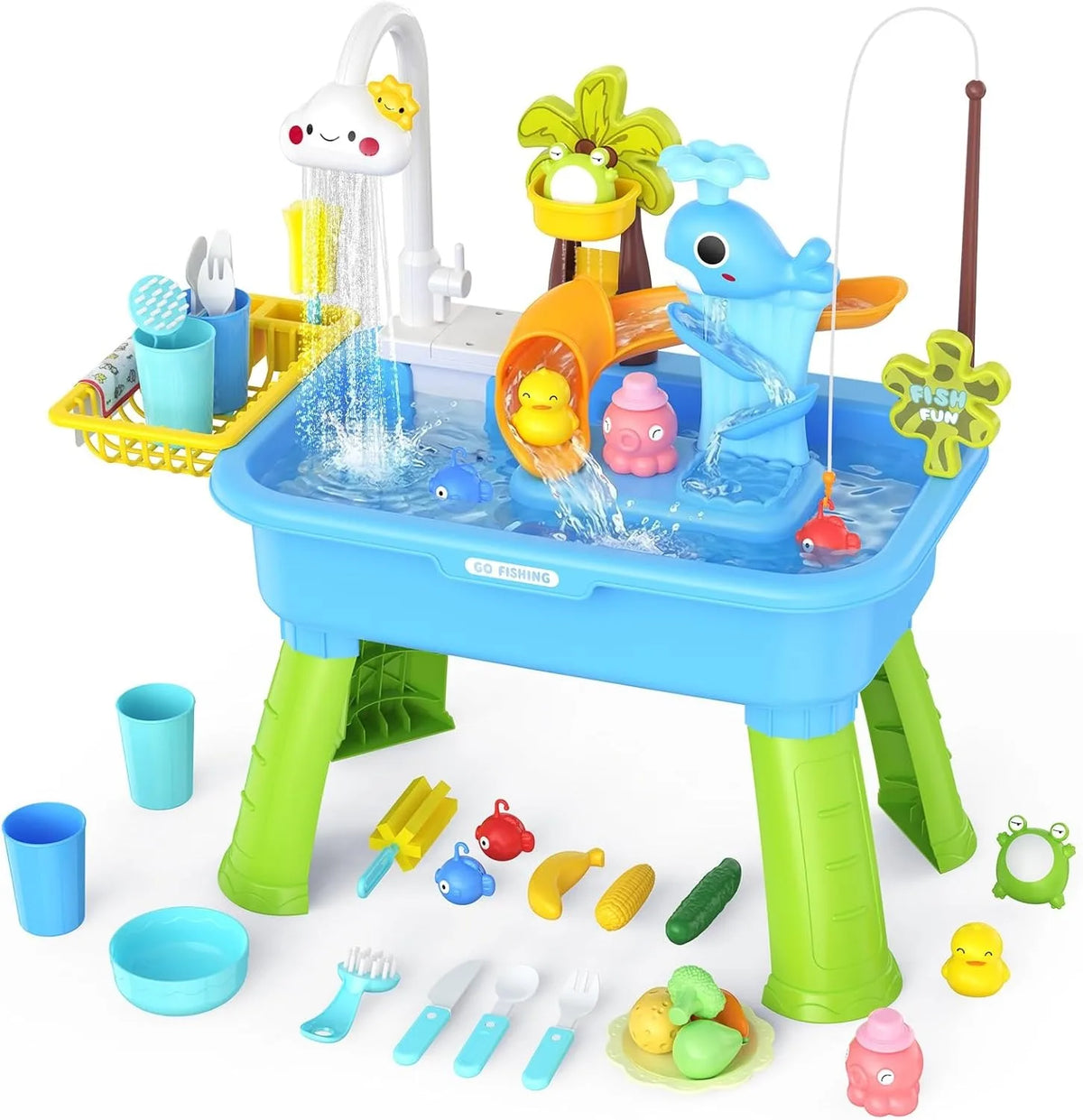 Kids’ Water Play Table — Shower, Slide & Fishing