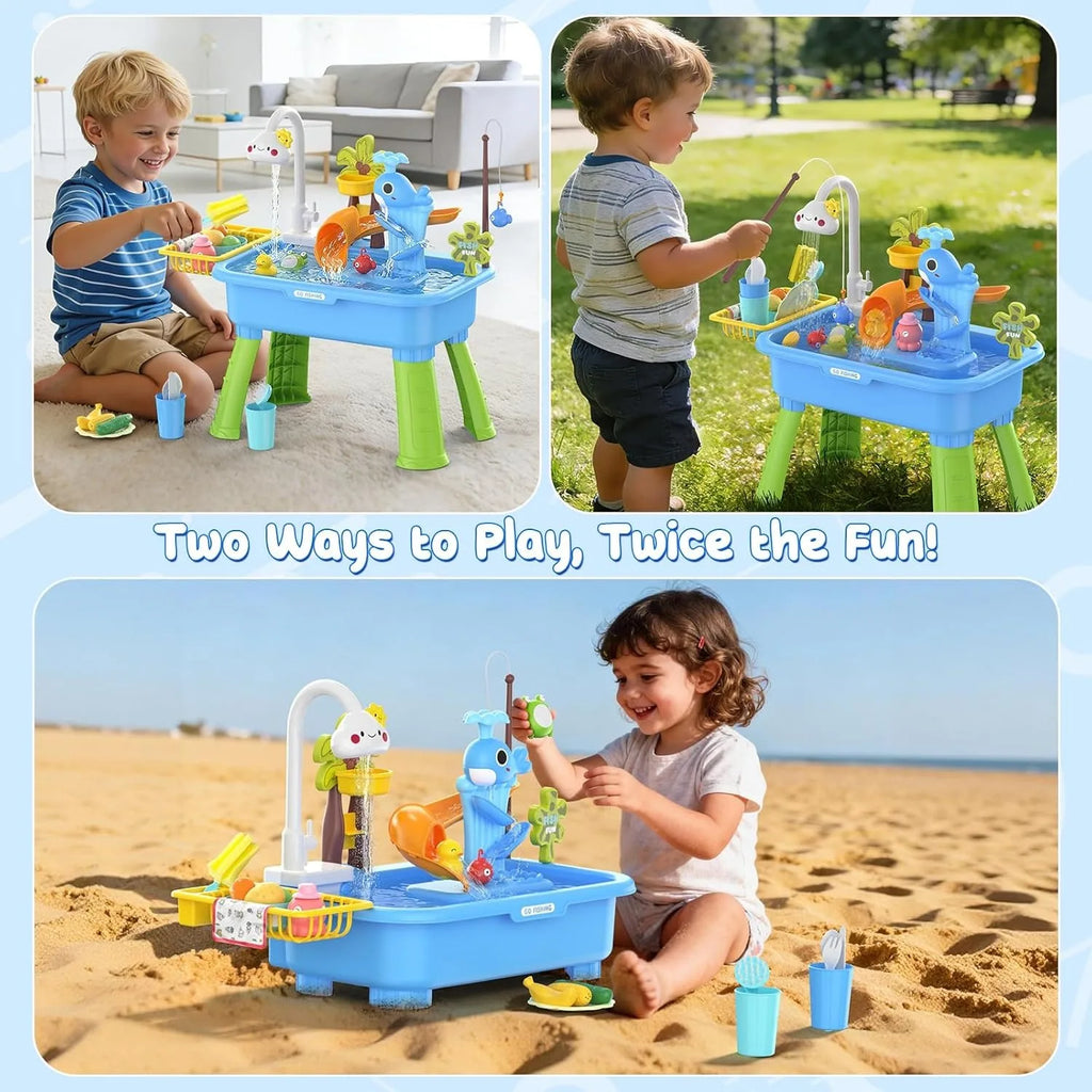 Kids’ Water Play Table — Shower, Slide & Fishing