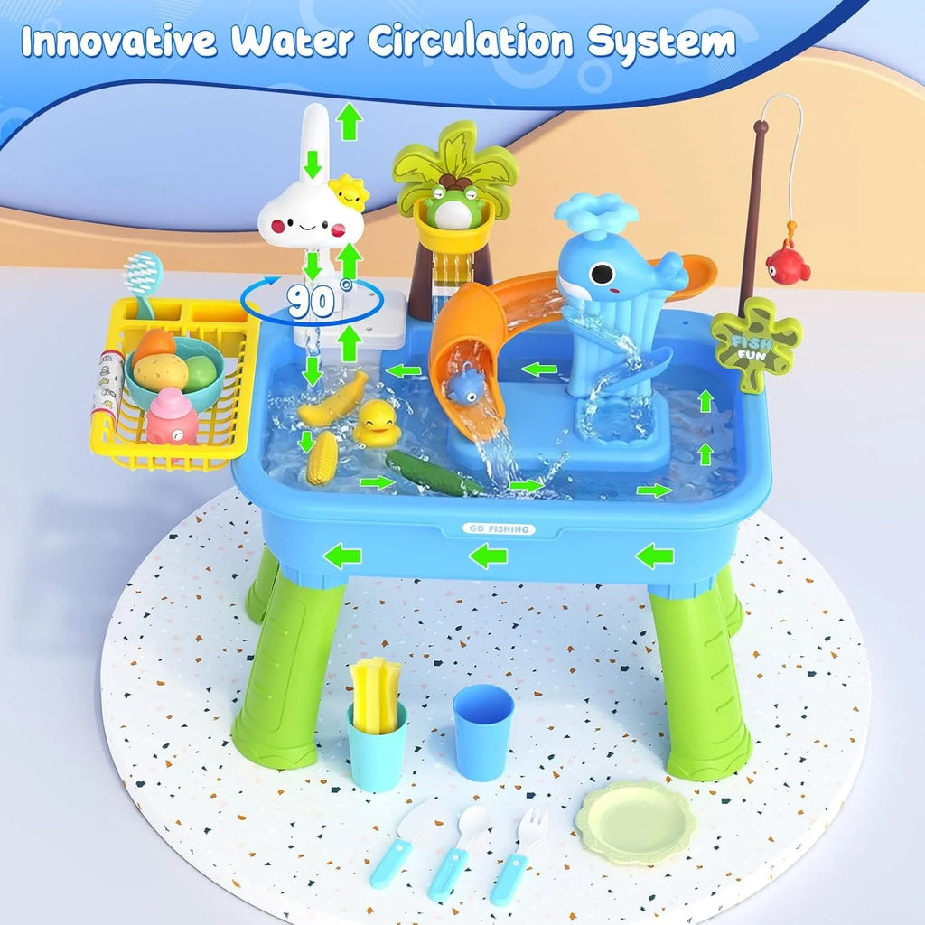 Kids’ Water Play Table — Shower, Slide & Fishing